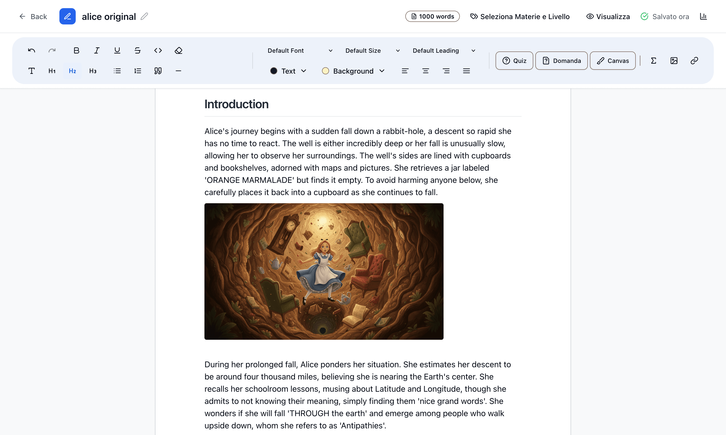 Editor di ImmersiveBook con struttura del documento, toolbar e contenuto illustrato.
