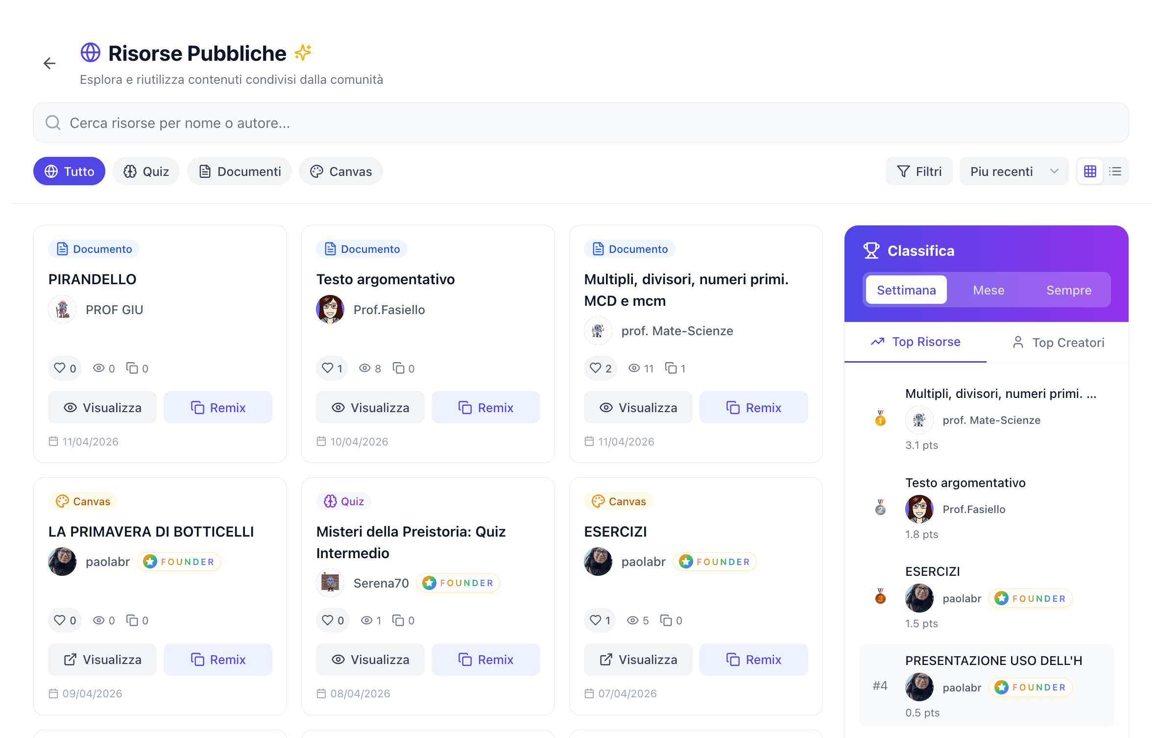 Sezione Risorse Pubbliche di ImmersiveBook con ricerca, filtri, classifica e contenuti remixabili.