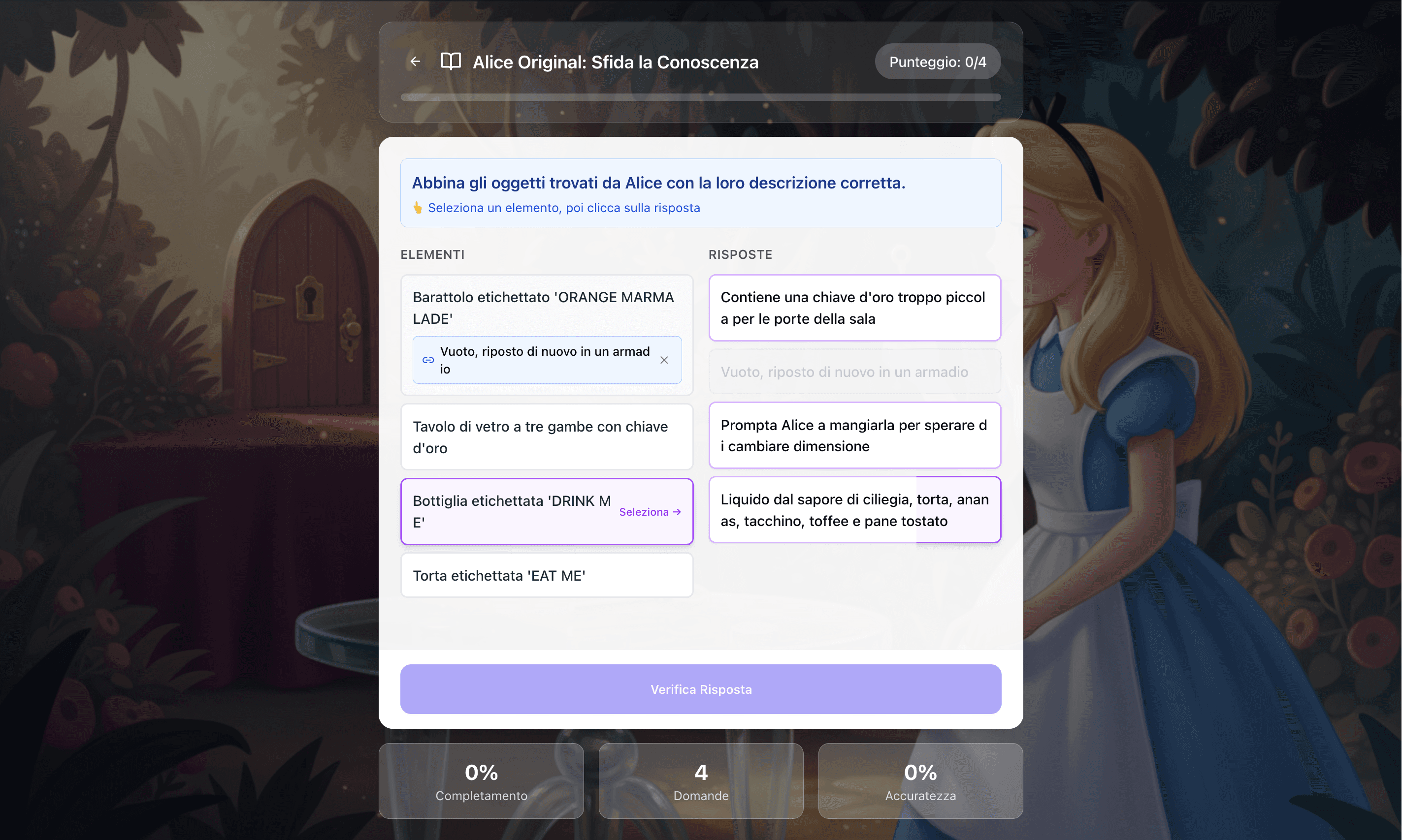 Interfaccia quiz di ImmersiveBook con sfondo illustrato e domanda interattiva.